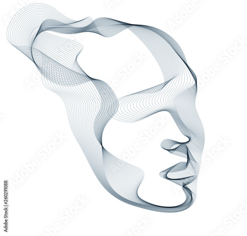 Beautiful vector human face portrait, artistic illustration of man head made of dotted particles array, Artificial Intelligence, pc programming software interface, digital soul.