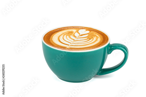 Side view of hot latte coffee with latte art in a dark green cup isolated on white background with clipping path inside.