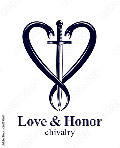Dagger and two snakes in a shape of heart vector vintage style emblem or logo, chivalry love and honor concept, medieval Victorian style.