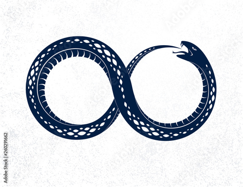 Snake eating its own tale, Uroboros Snake in a shape of infinity symbol, endless cycle of life and death, Ouroboros ancient symbol vector illustration logo, emblem or tattoo.
