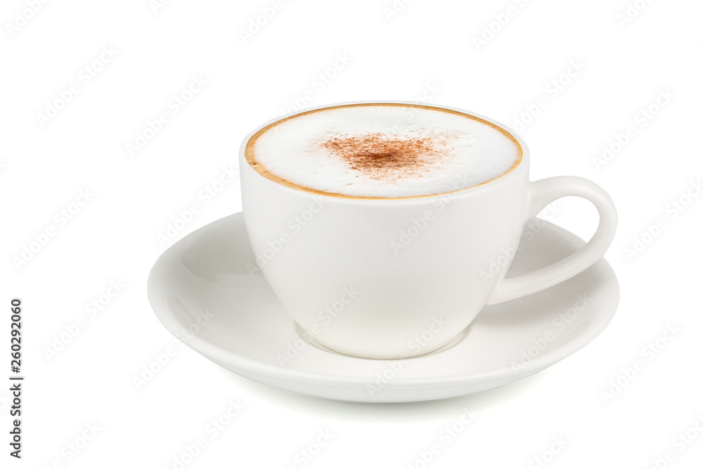 Side view of Hot cappuccino coffee in a white cup isolated on white background. (Clipping path inside)