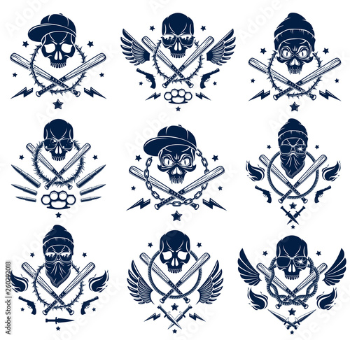 Criminal tattoo ,gang emblem or logo with aggressive skull baseball bats and other weapons and design elements, vector set, bandit ghetto vintage style, gangster anarchy or mafia theme.