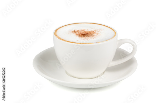 Tela Side view of Hot cappuccino coffee in a white cup isolated on white background