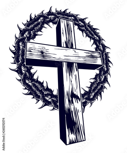 Christian cross with blackthorn thorn vector religion logo or tattoo, passion of the Christ.
