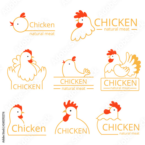 Pollo logo. Design template of identity pictures with farm birds chickens and roosters vector food logotype. Farm chicken, natural meat logotype illustration