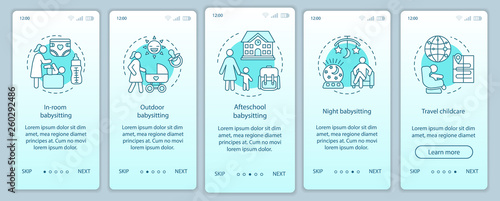 Hotel babysitting service onboarding mobile app page screen vector template