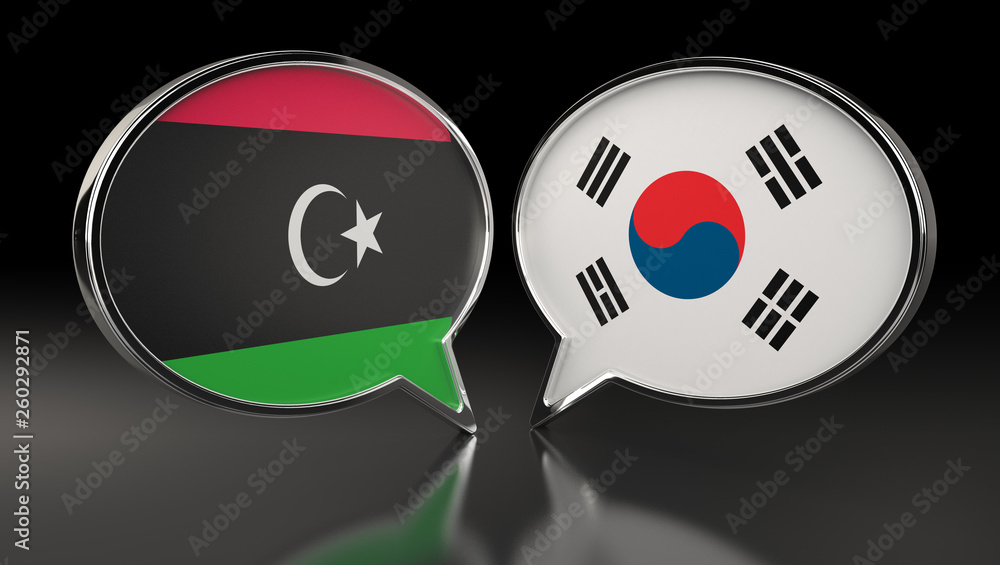 Libya and South Korea flags with Speech Bubbles. 3D Illustration Libya and South Korea flags with Speech Bubbles. 3D Illustration
