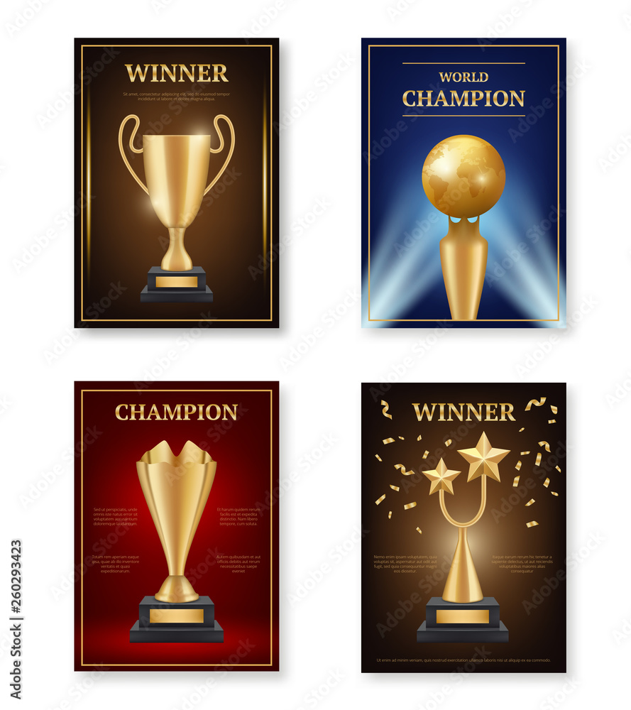 Trophy poster. Winner awards placard design template medals for champions  gold achieve vector symbols. Illustration of achievement golden cup Stock  Vector | Adobe Stock