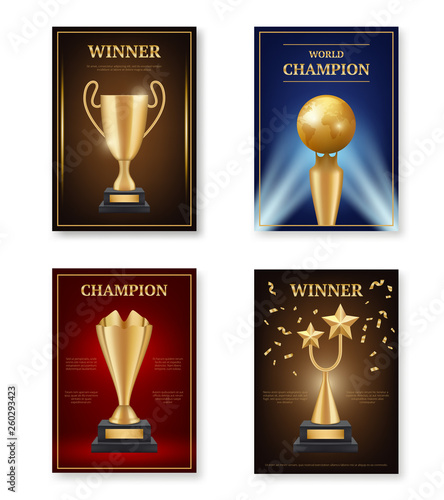 Trophy poster. Winner awards placard design template medals for champions gold achieve vector symbols. Illustration of achievement golden cup