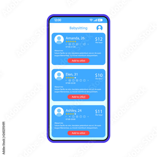 Babysitter app smartphone interface vector template
