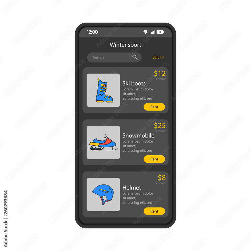 Ski gear smartphone interface vector template Ski gear smartphone interface vector template