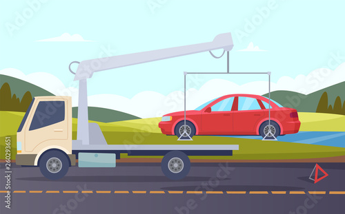 Tow truck. Damaged car evacuation road accident crash broken transport vector cartoon background. Illustration of service truck transportation, evacuator from highway