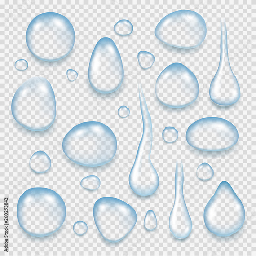 Clean water drops. Reflective liquid fresh splashes of transparent water vector realistic pictures. Transparent drops clean, water liquid illustration