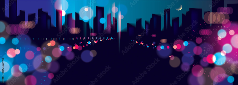 Wide panorama blurred street lights, urban abstract background. Effect vector beautiful background. Big city nightlife. Blur colorful dark background with cityscape, buildings silhouettes skyline.