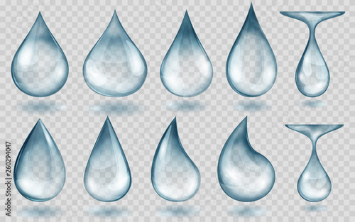 Set of translucent water drops in light blue colors in various shapes, isolated on transparent background. Transparency only in vector format