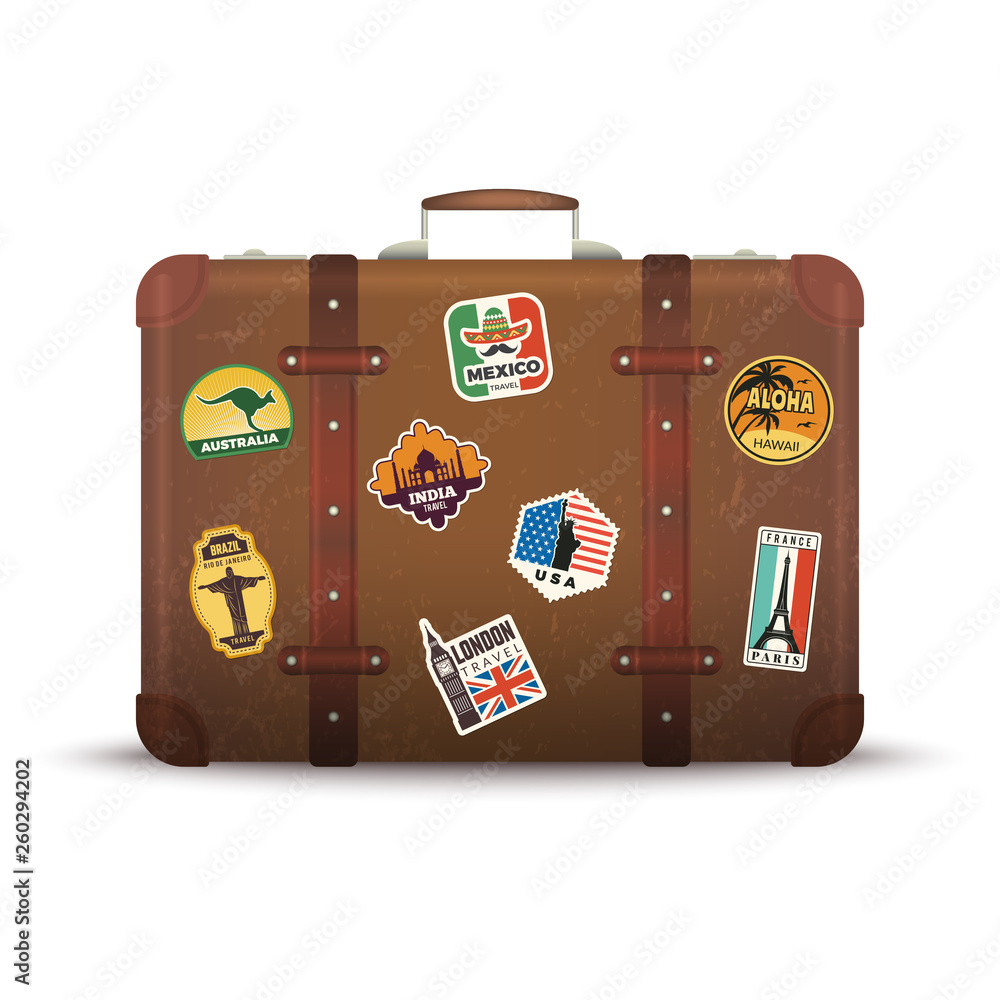 Suitcase stickers. Old retro luggage with travel badges vintage antique  package vector picture. Suitcase with travel badge sticker, travel vacation  label illustration Stock Vector