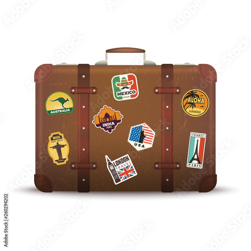 Suitcase stickers. Old retro luggage with travel badges vintage antique package vector picture. Suitcase with travel badge sticker, travel vacation label illustration