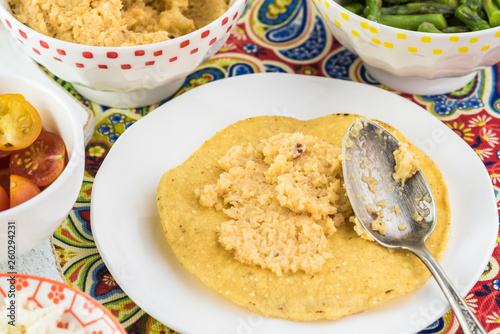 Mexican food. Veggie corn tostadas with caulflower mash. photo