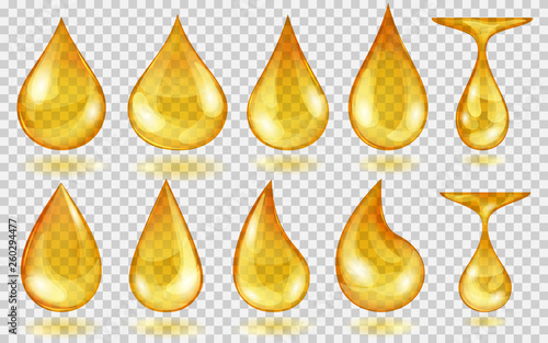 Set of translucent water or oil drops in yellow colors in various shapes, isolated on transparent background. Transparency only in vector format