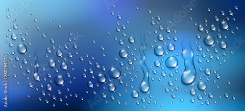 Water drops in shower or pool  condensate or rain droplets realistic transparent vector illustration  easy to put over any background or use droplets separately.