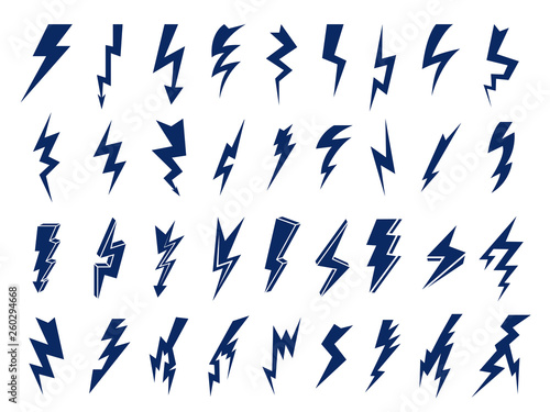 Electrical symbols. Thunder flashes storming bolt electric flash vector logos. Thunder shock, flash power storm illustration
