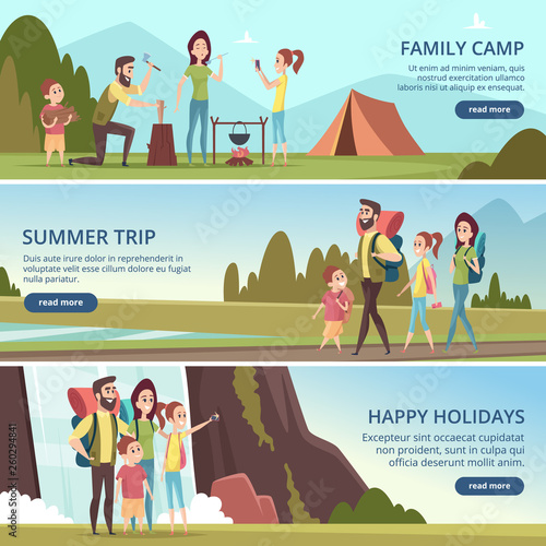 Family hiking banners. Kids with parents camping outdoor explorers mountain walking vector characters. Tourism family, adventure hiking illustration