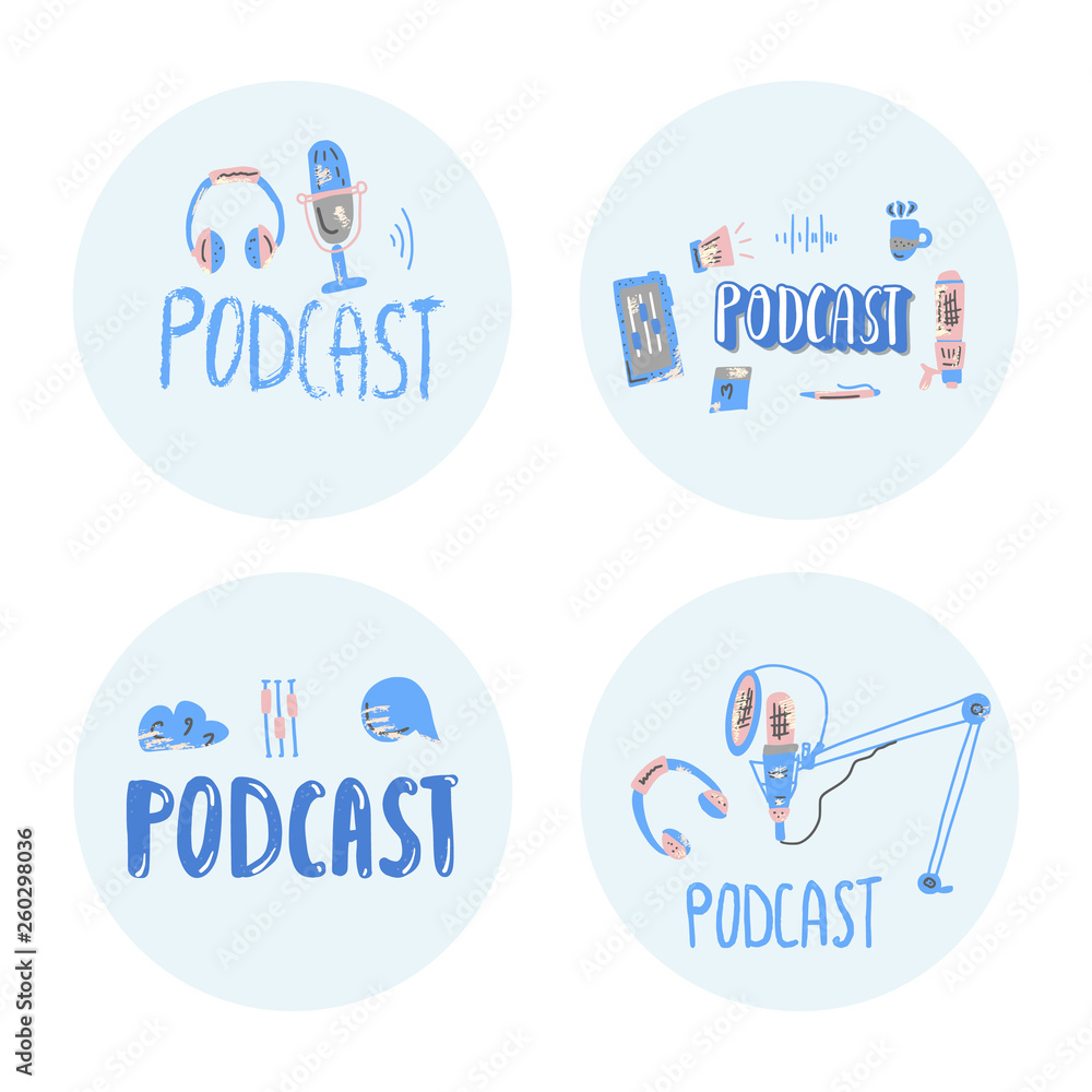 Fototapeta premium Podcast lettering with decoration. Vector design.