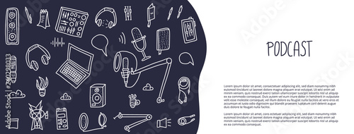Podcast lettering with decoration. Vector design.