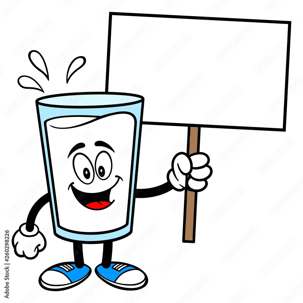 Glass of Milk Mascot with a Sign - A vector cartoon illustration of a glass of Milk mascot holding a blank Sign.