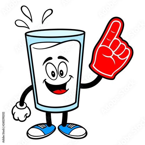 Glass of Milk Mascot with a Foam Finger - A vector cartoon illustration of a glass of Milk mascot with a Foam Hand.