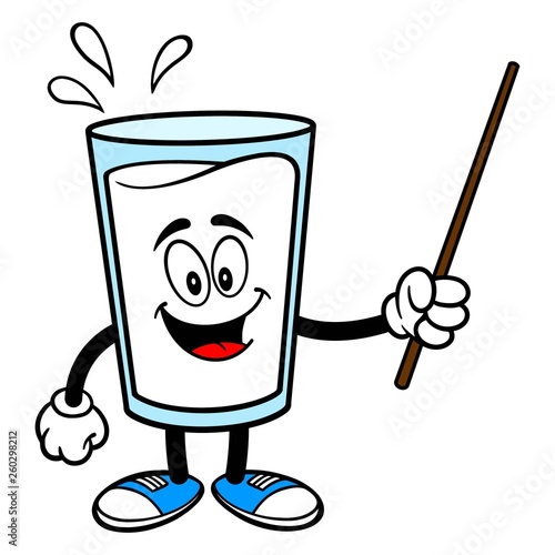 Glass of Milk Mascot with a Pointer - A vector cartoon illustration of a glass of Milk mascot holding a Pointer stick.