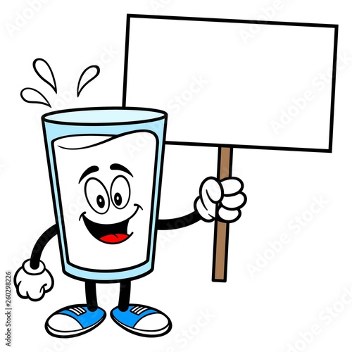 Glass of Milk Mascot with a Sign - A vector cartoon illustration of a glass of Milk mascot holding a blank Sign.