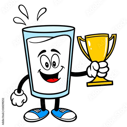 Glass of Milk Mascot with a Trophy - A vector cartoon illustration of a glass of Milk mascot holding a Trophy.