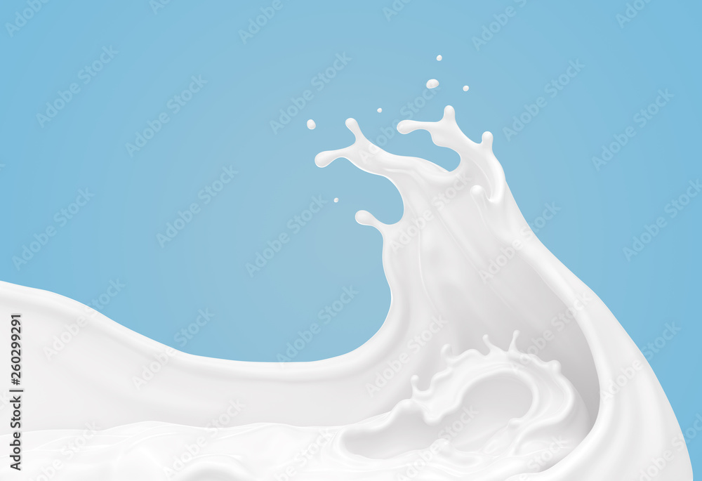 white milk or yogurt splash in wave shape isolated on blue background, 3d rendering Include clipping path. - obrazy, fototapety, plakaty 