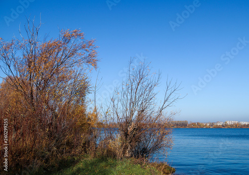 Autumn day in Arkhangelsk. View of the river Northern Dvina and river port in Arkhangelsk.