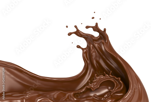dark chocolate or cocoa splash in wave shape isolated on white background, 3d rendering Include clipping path.