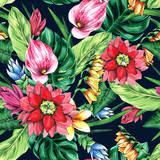 Seamless floral pattern of tropical flowers and leaves. Graphics and watercolor handmade.
