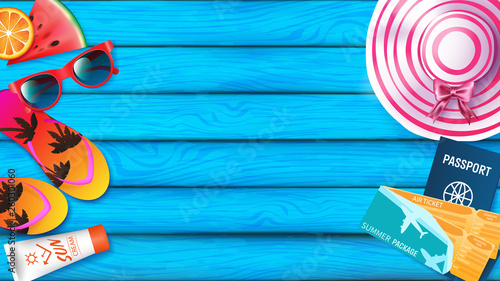 Summer background for advertising banner included summer elements are fruits ,slippers ,sun hate, sun cream, passport, air tickets and sunglasses. all elements put on the left and right over board
