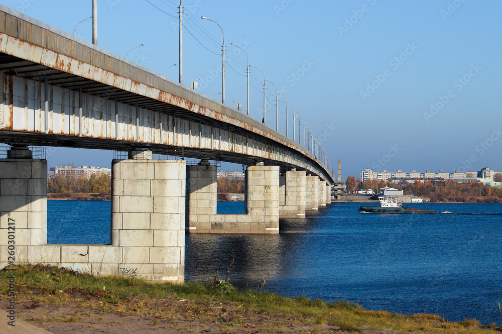 Autumn day in Arkhangelsk. View of the river Northern Dvina and automobile bridge in Arkhangelsk. Autumn day in Arkhangelsk. View of the river Northern Dvina and automobile bridge in Arkhangelsk.