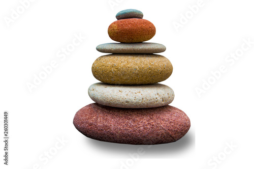 pyramid of multi-colored flat round stones on a white background side view