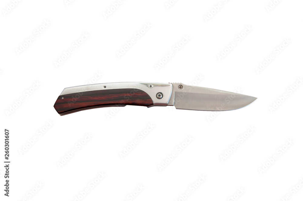 folding knife with wooden handle on white background side view folding knife with wooden handle on white background side view