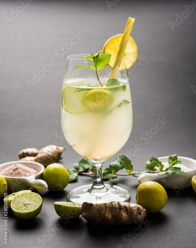 Shikanji is lemonade originating from the Punjab/India. Also known as shikanjvi or Nimbu Pani or sherbet. popular summer cold drink photo