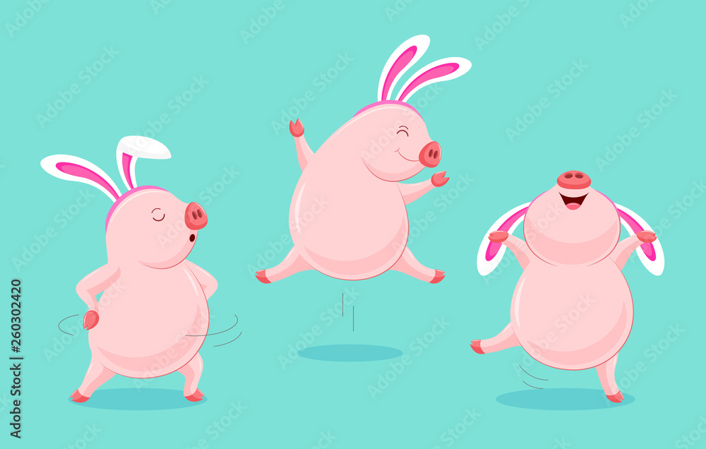 Set of funny cute cartoon pig dancing with rabbit ear. Easter holiday concept. Character design. Vector illustration isolated blue background. Set of funny cute cartoon pig dancing with rabbit ear. Easter holiday concept. Character design. Vector illustration isolated blue background.
