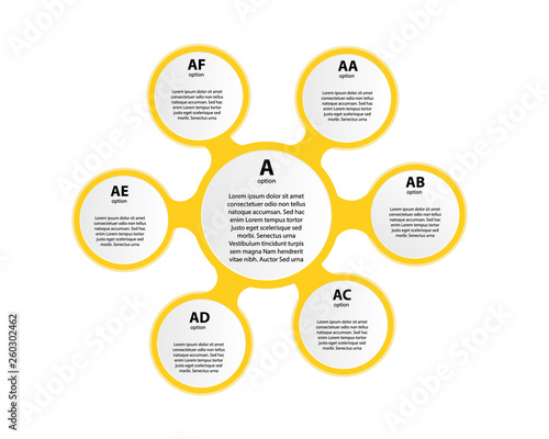 Six multicolored round elements with thin line icons inside placed around central circle. Cyclical diagram with 6 options concept. Modern infographic design layout. Vector illustration for brochure.