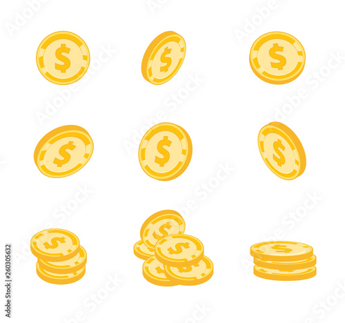 Vector coins, gold coins, dollars money in different angles on white background