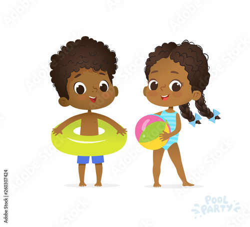 Happy Afro American Children in Swimming Pool. Boy and Girl in Swimsuit Travel to Summer Water Camp. Friend on Sea Beach. Afro Kid Relax Comic Party Flat Cartoon Vector Illustration.