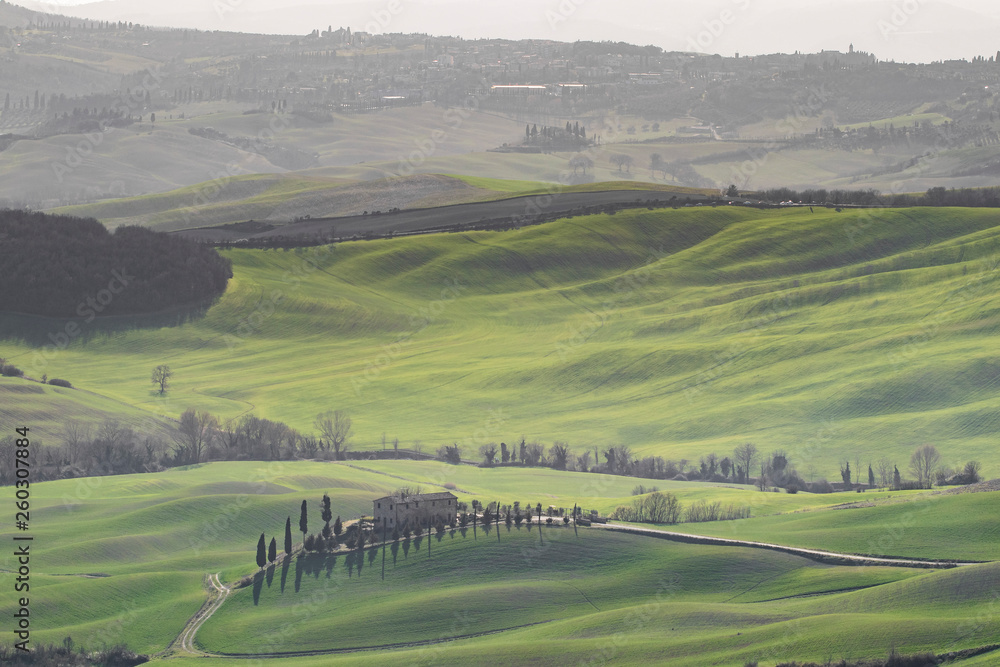 Green typical Tuscany landscape in Italian region with fields, meadow, hills and path with farmhouses