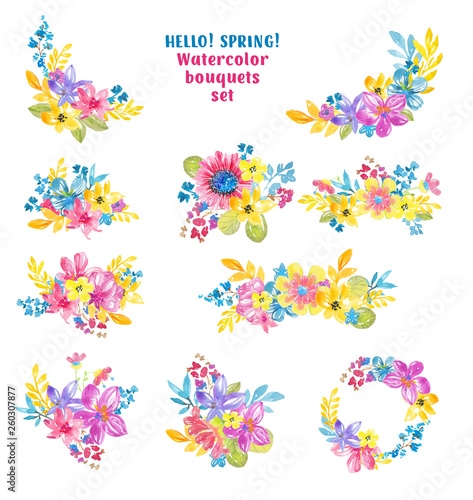 Watercolor flowers over white background