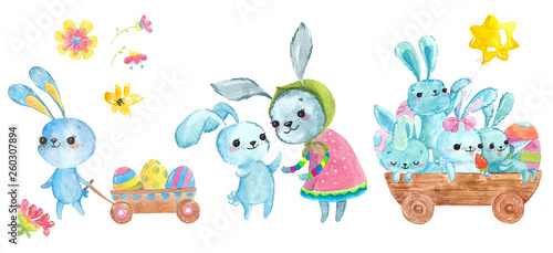 Watercolor bunnies  funny cute children characters over white