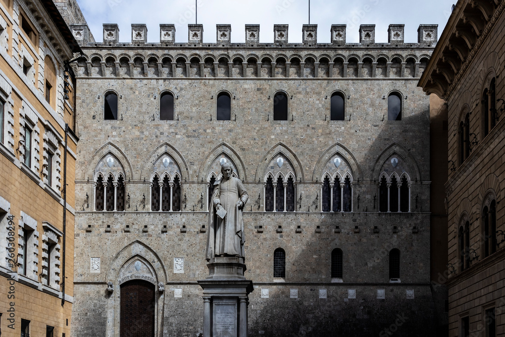 Medieval and old beautiful building facade landmark in Siena, Tuscany, Italy